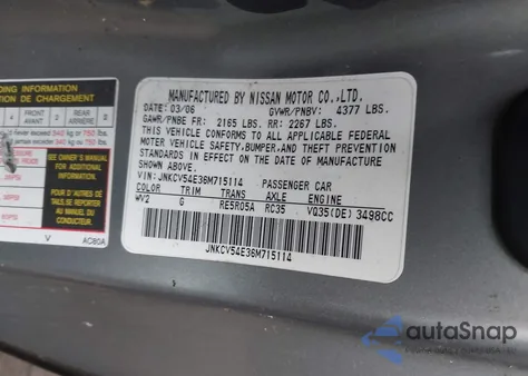 2006 Infiniti G35 z USA, uszkodzony, nr VIN JNKCV54E36M715114